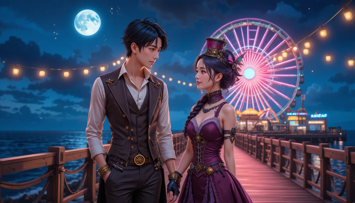 Casal de anime em moda steampunk no píer de carnaval noturno