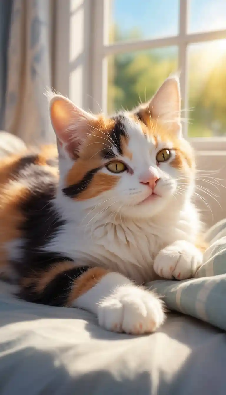 Filhote de gata tricolor dormindo tranquilamente em uma cama aconchegante