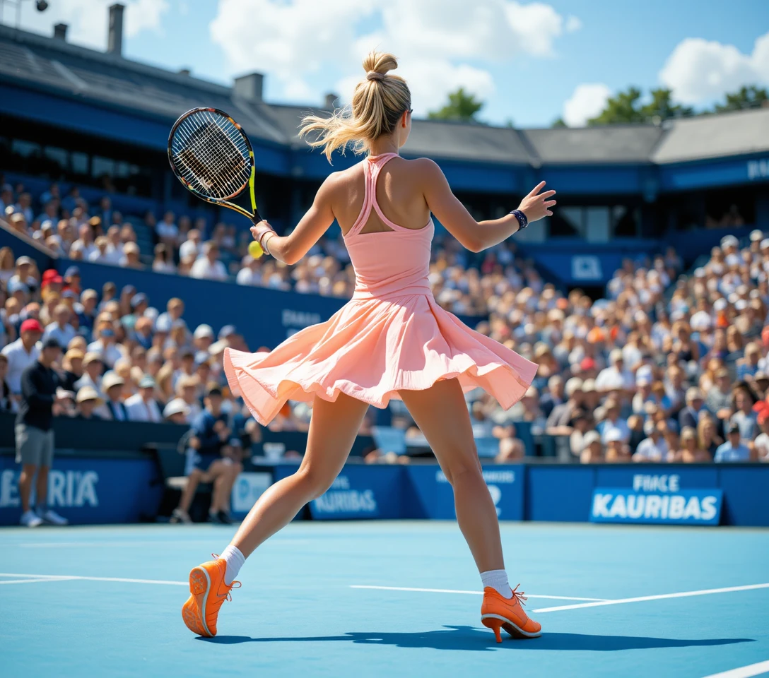 Joueuse de tennis frappant sa raquette sur court bleu