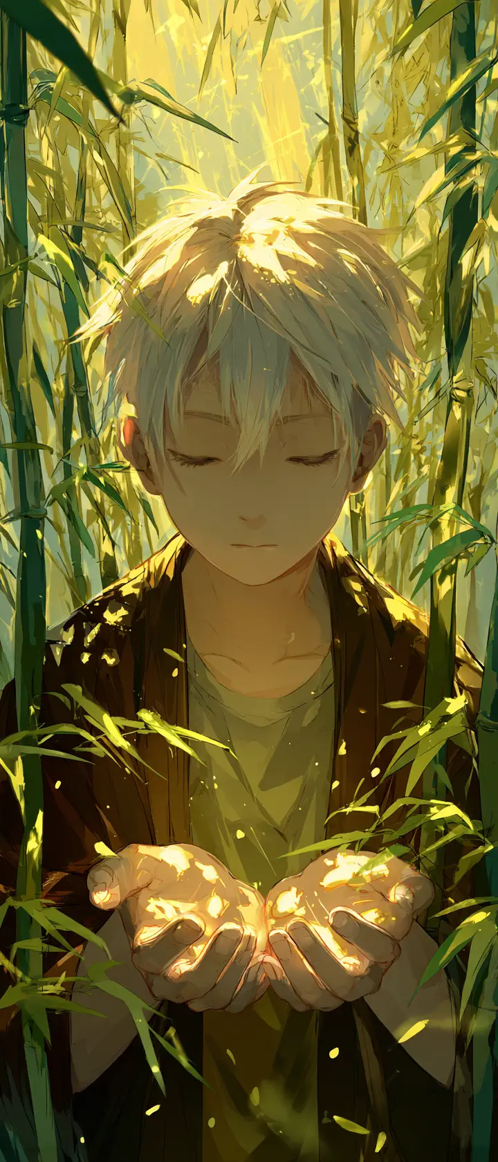 Anime man in bamboo forest at sunrise with glowing light