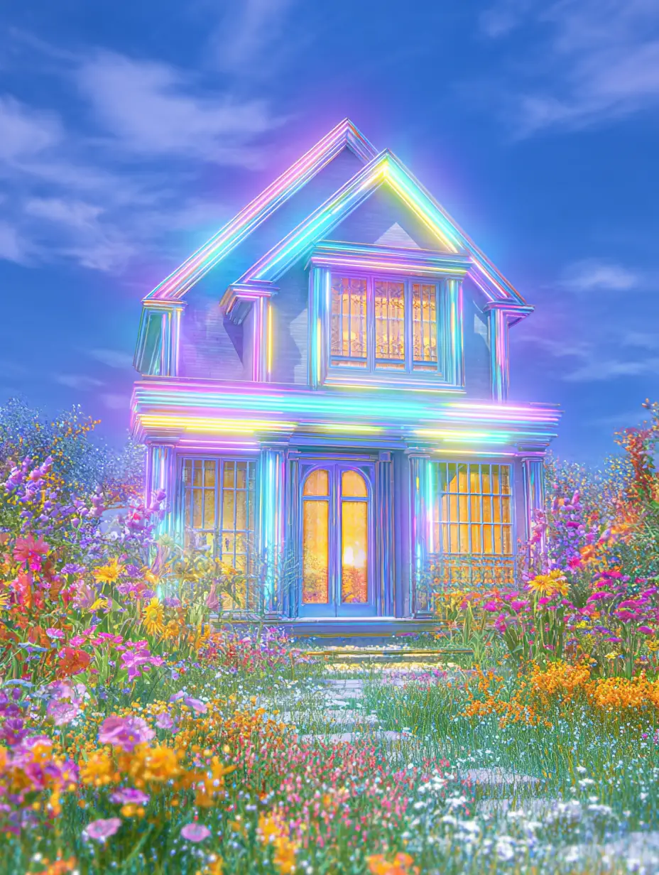 Maison en forme de piano irisé avec néons dans le jardin