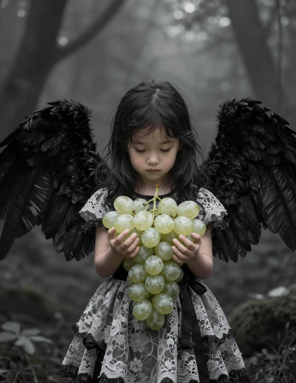 Pequena garota alada segurando uvas brilhantes na floresta escura