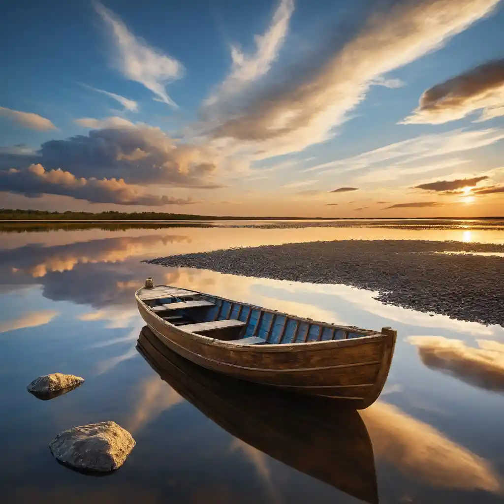 Barque en bois solitaire sur une rivière calme au coucher du soleil