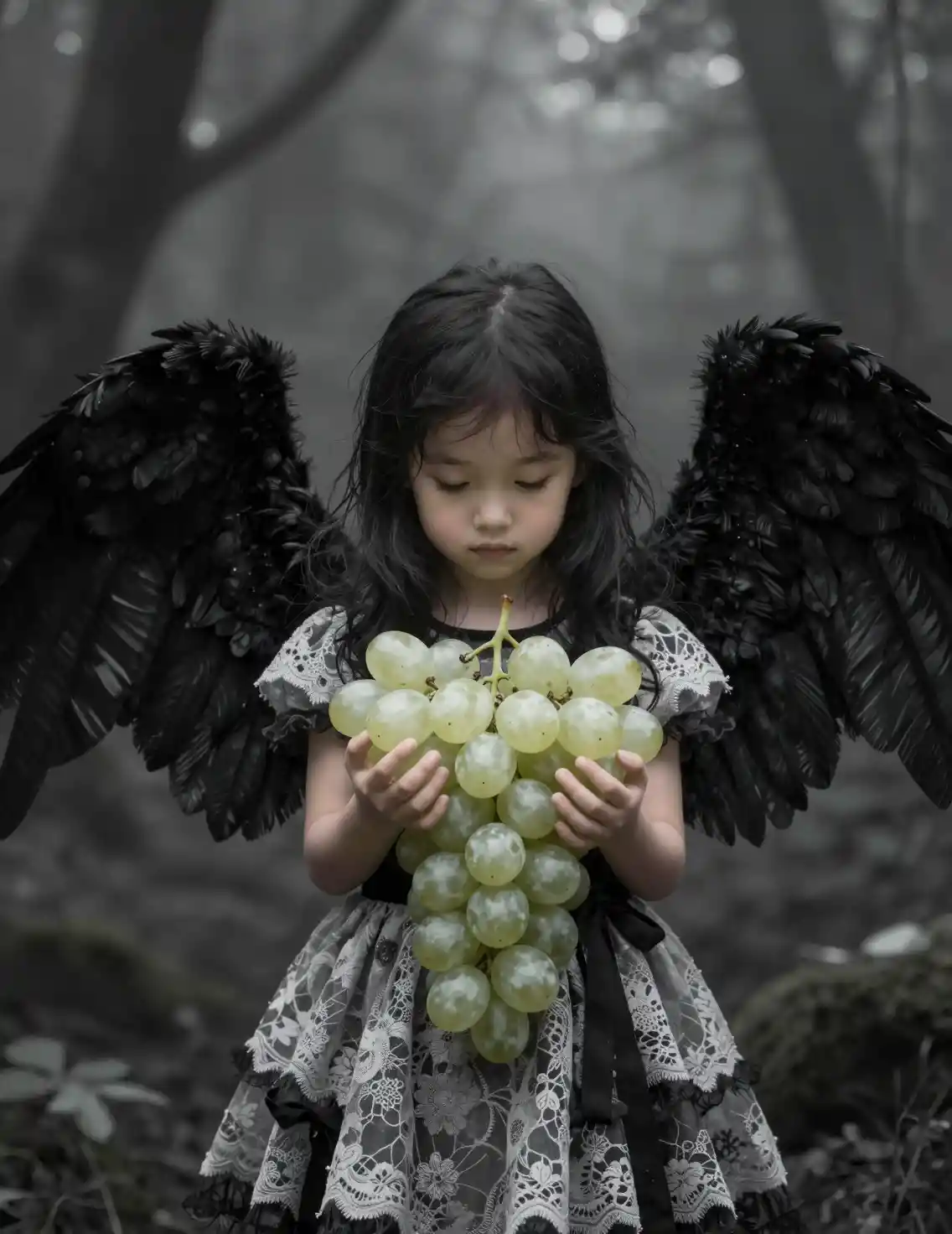 Pequena garota alada segurando uvas brilhantes na floresta escura