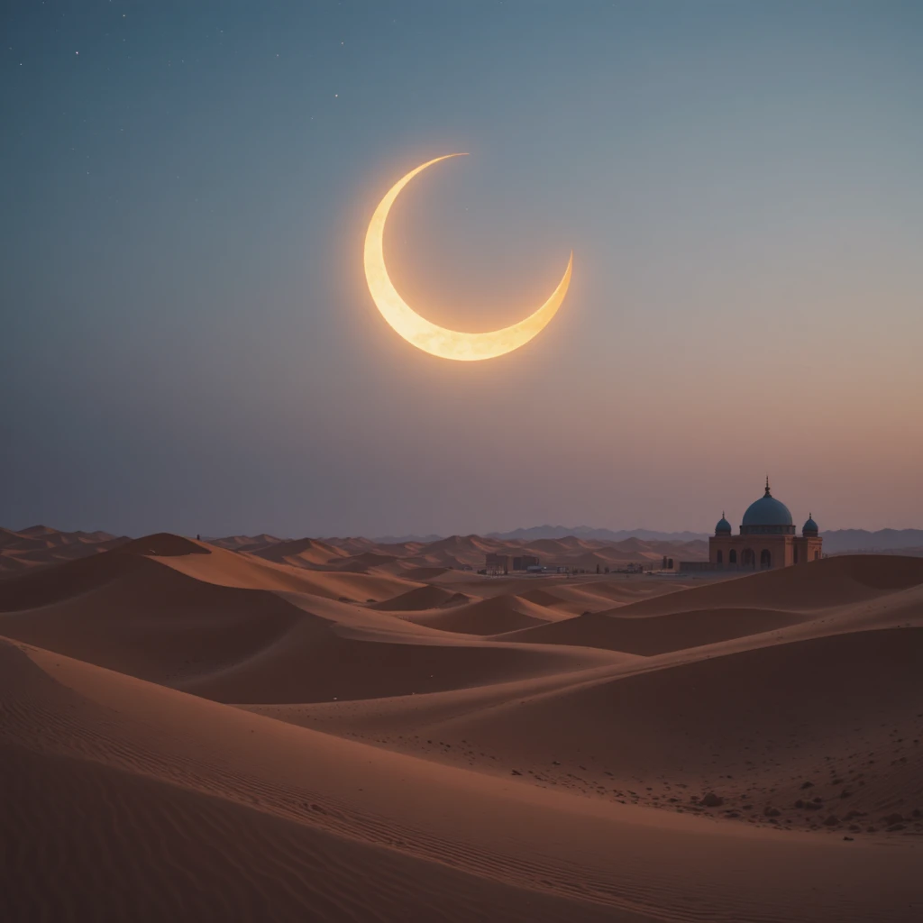 Lua crescente brilhante sobre o céu noturno calmo do deserto