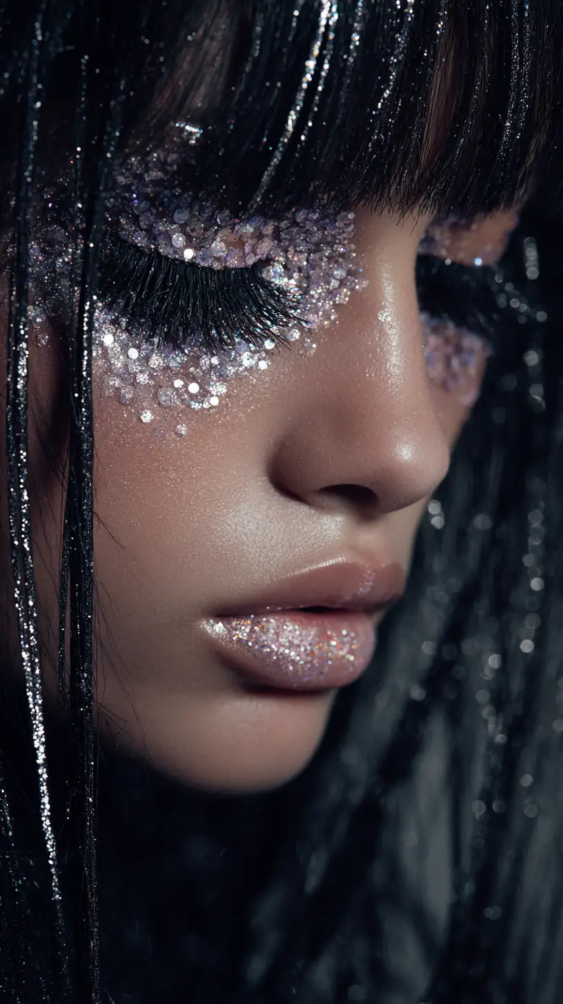 Surreales Close-up einer Frau mit diamantbesetzten Gesichtszügen