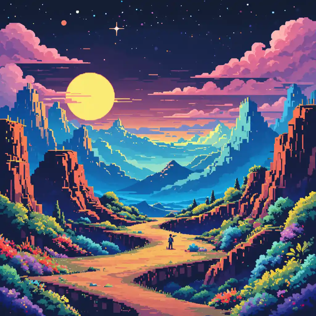 Paisaje de pixel art retrofuturista con un vibrante brillo analógico
