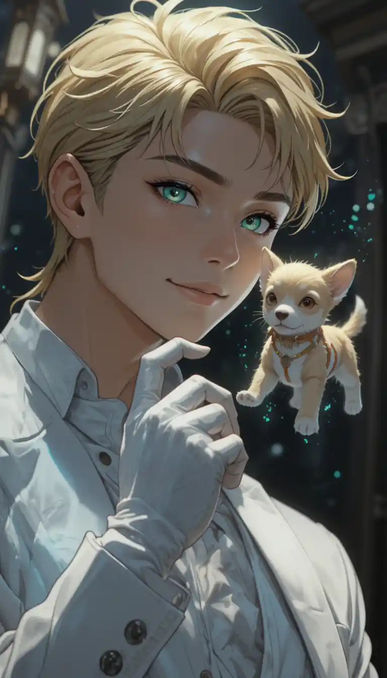Homme d’anime en costume blanc avec chien magique flottant