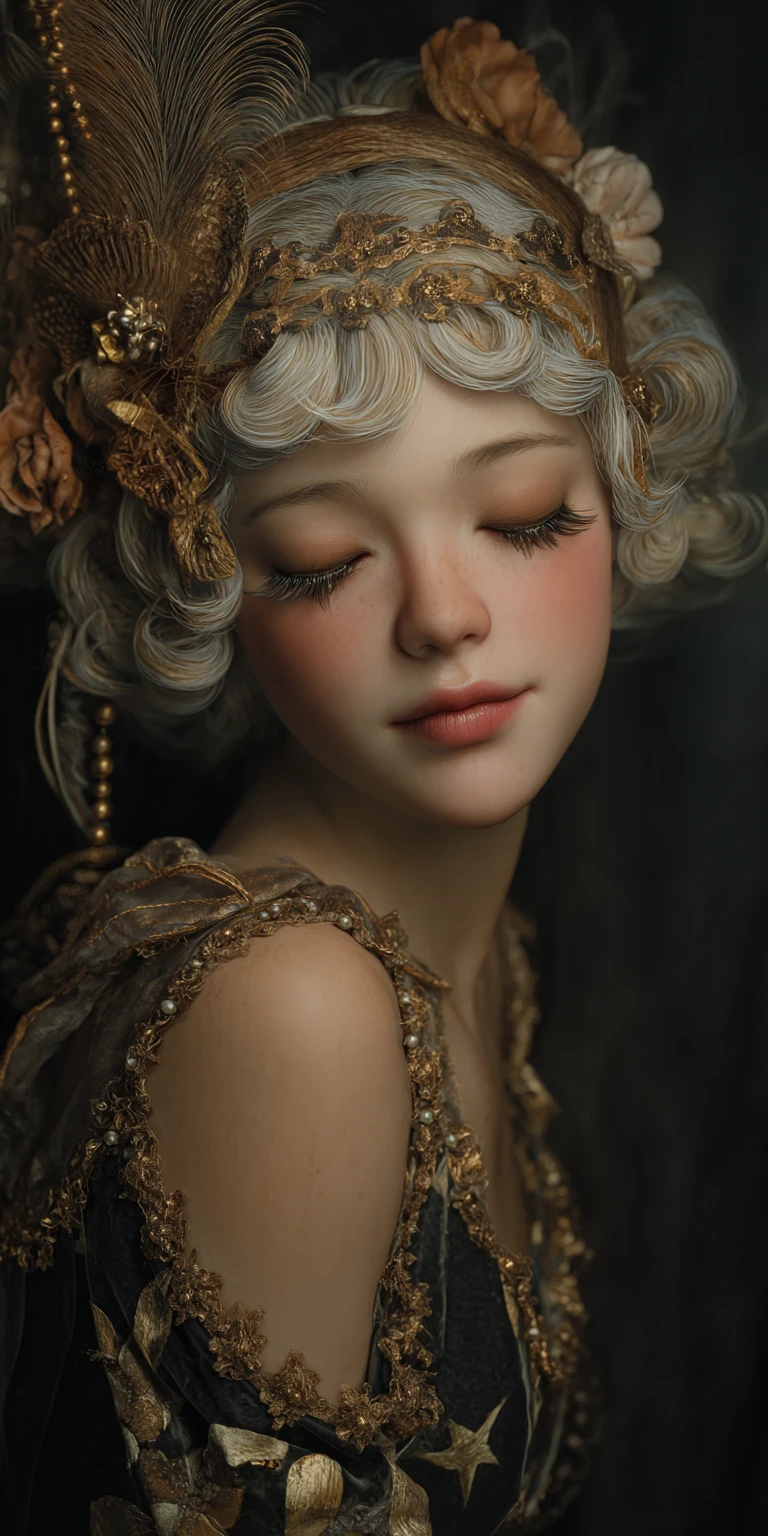Femme mythologique déguisée en poupée Kewpie dans une pièce en velours