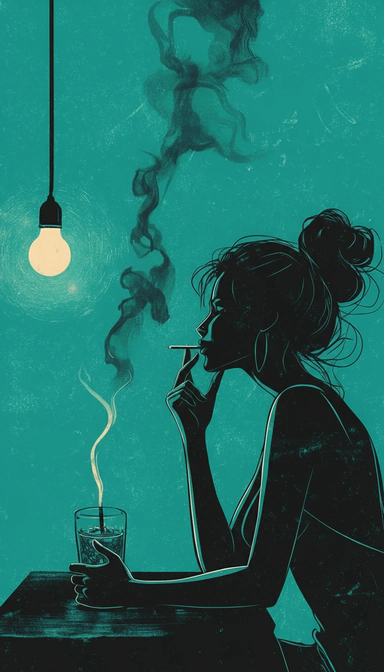 Mulher à mesa segurando um copo e um cigarro