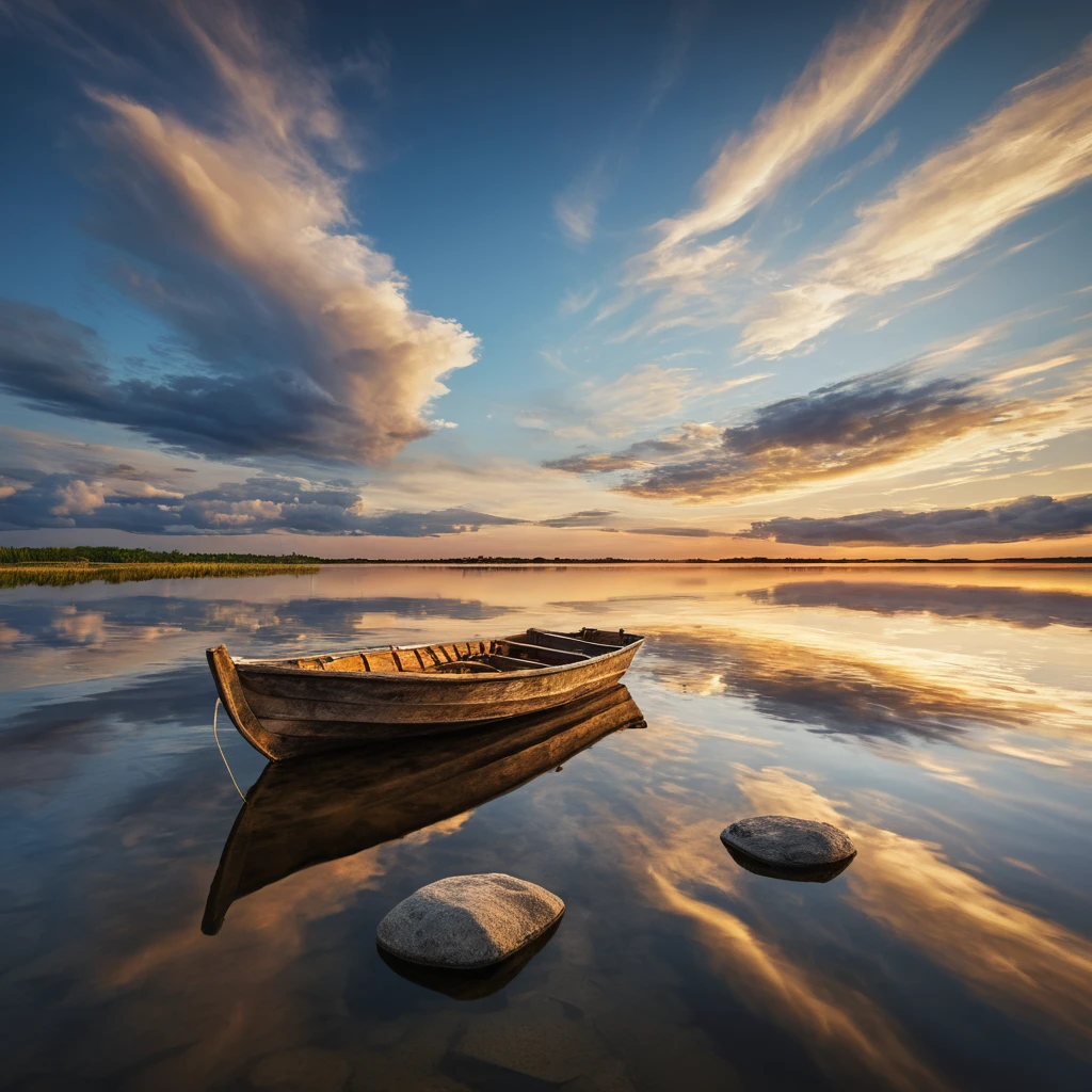 Wooden Boat On Calm River At Sunset With Distant Horizon