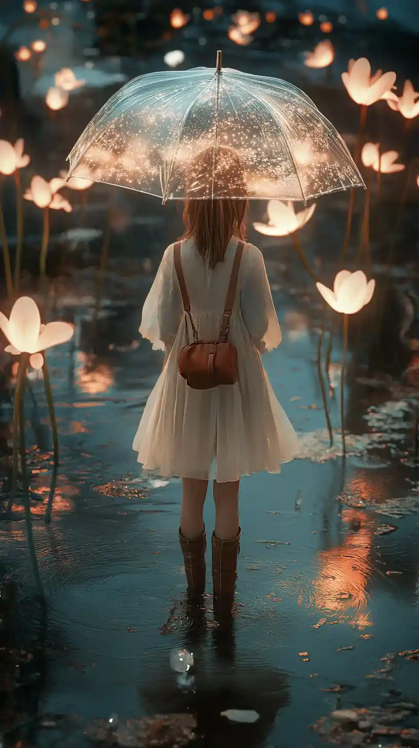 Jeune fille avec un parapluie dans une flaque de fantaisie lumineuse