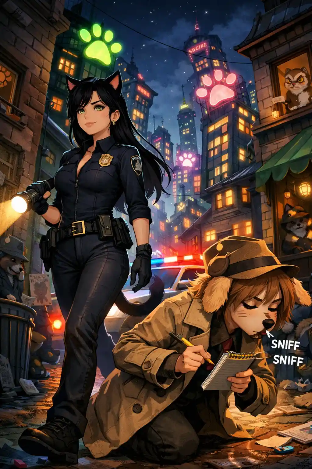 擁有動物特徵的動漫少女夜間城市巡邏