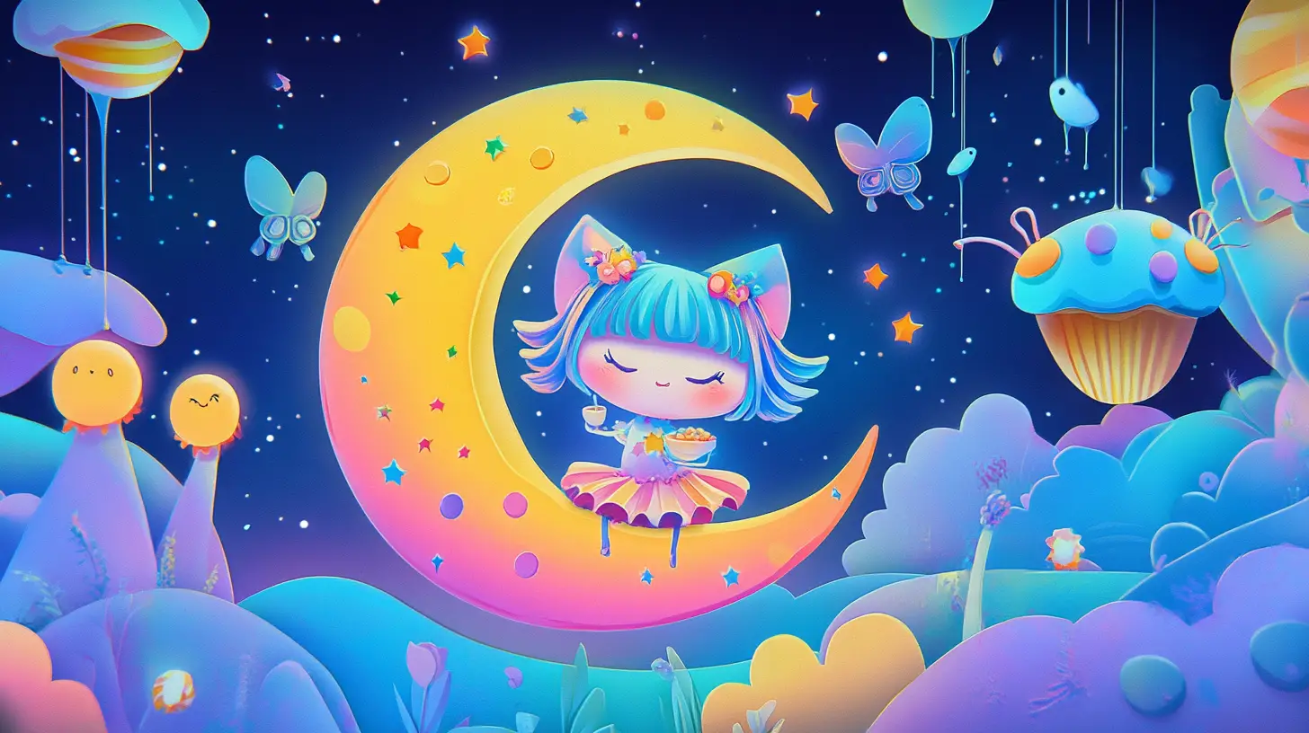 Ragazza gatto chibi in equilibrio su una luna crescente scintillante