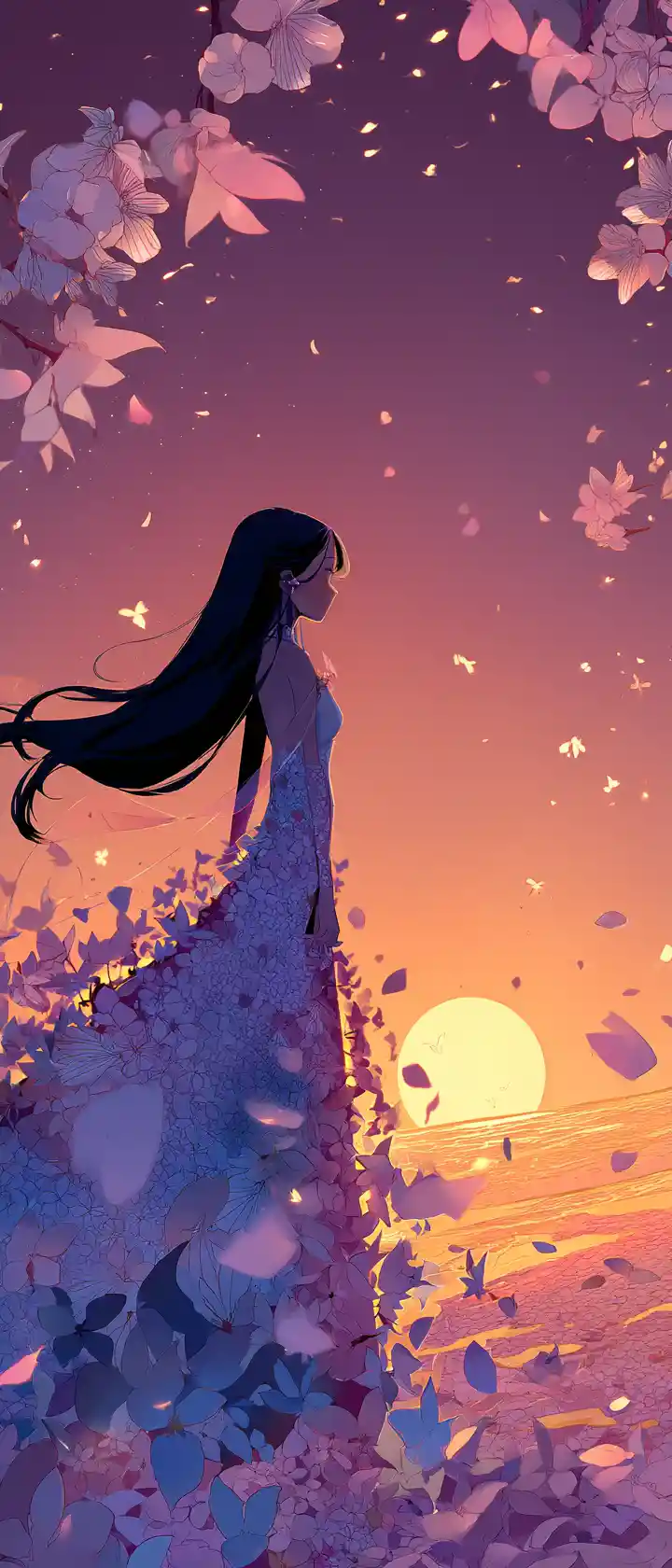 夕焼けの空に浮かぶ桜島のアニメ女性