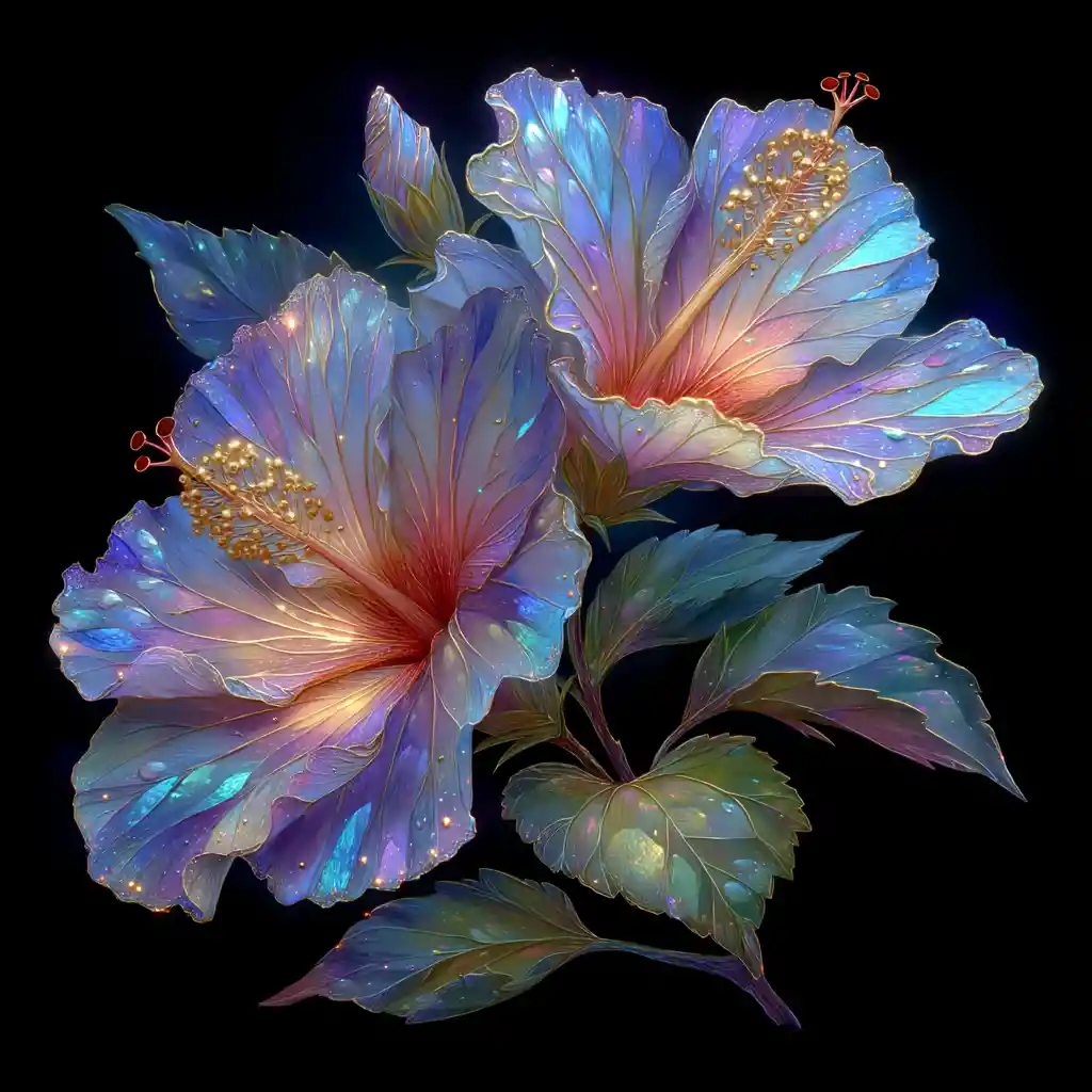 Chrome hibiscus flower blooming against a glowing full moon