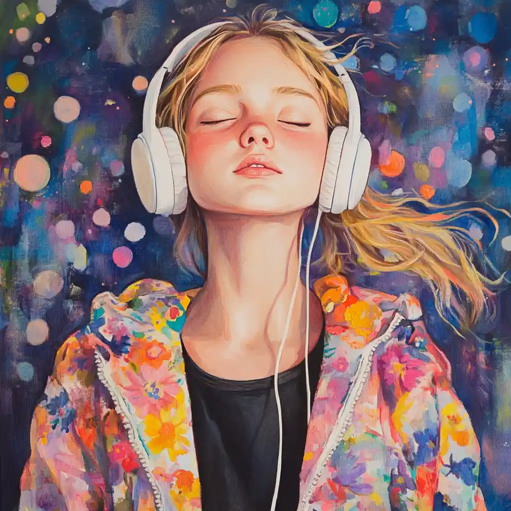 Young girl singing with headphones in a music studio painting