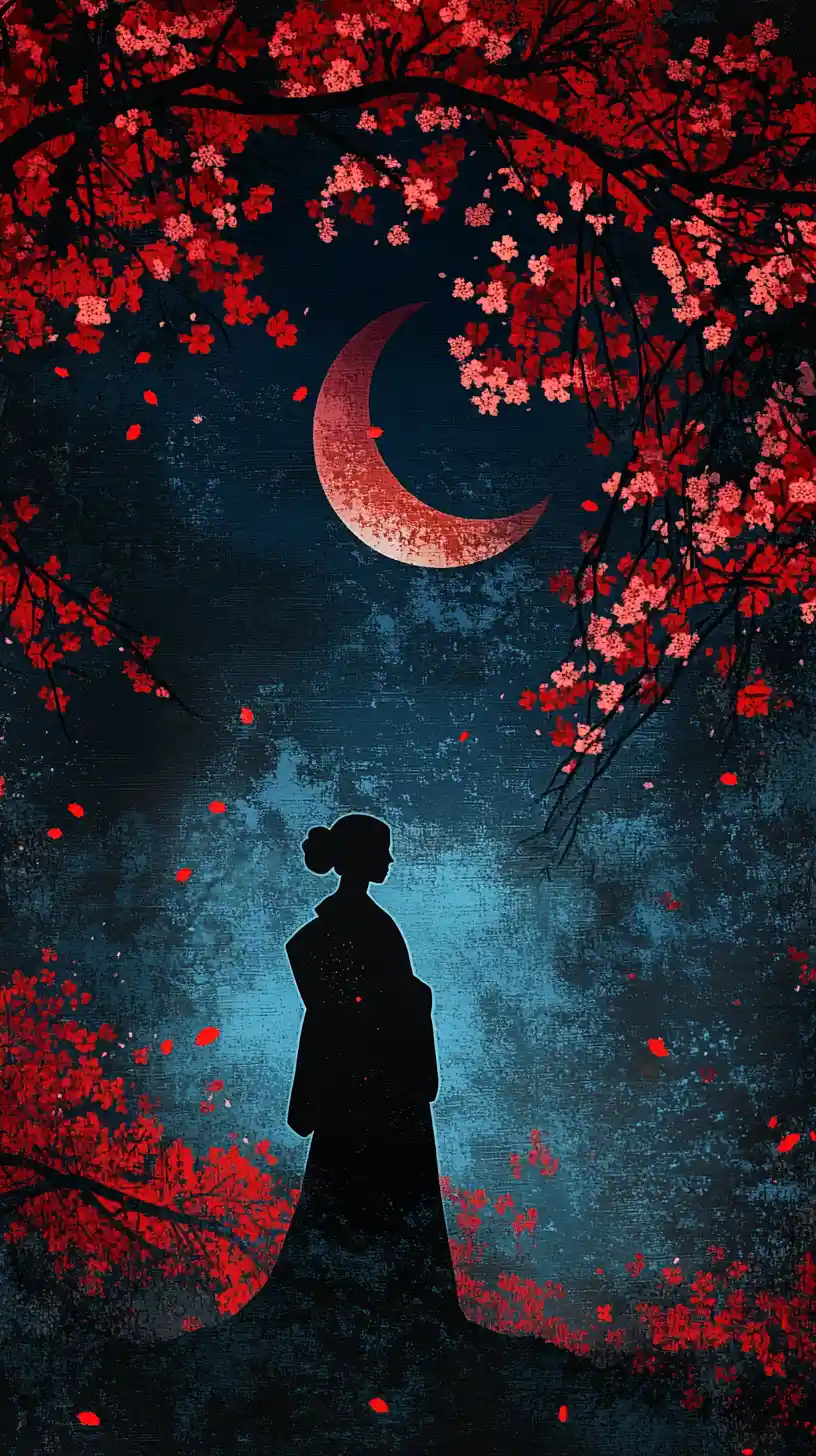Woman In Kimono Under Crescent Moon And Cherry Blossoms