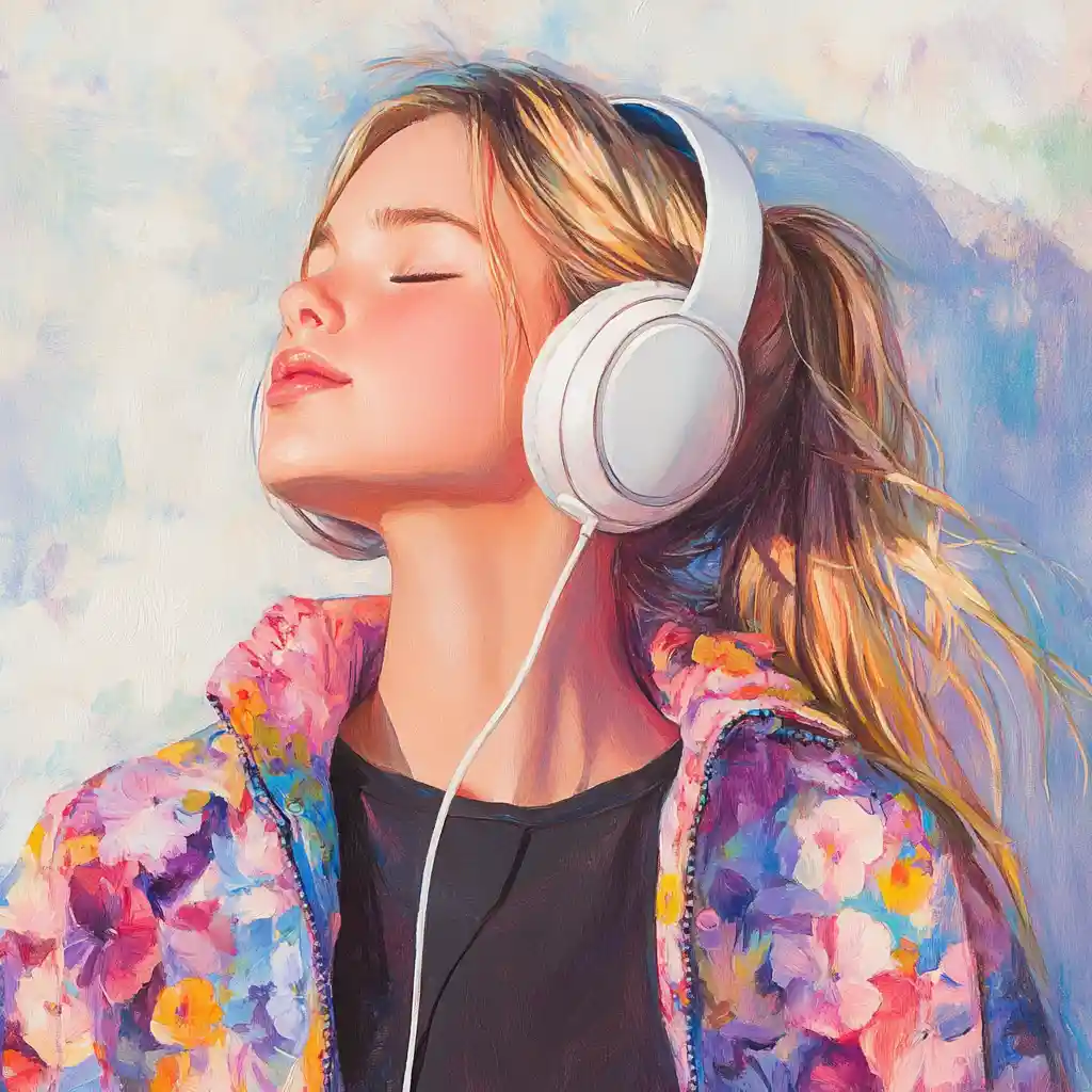 Young girl singing with headphones in a music studio