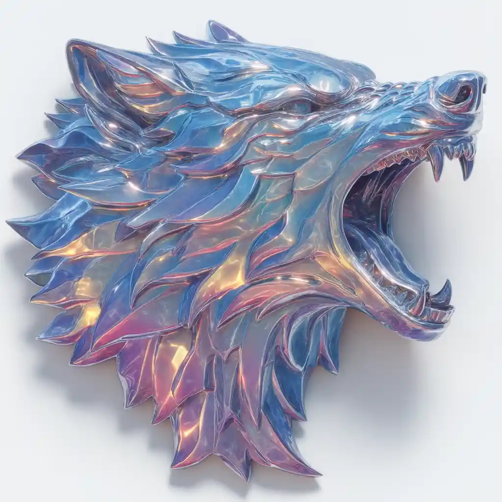 Chrome-Wolfskopf-Illustration mit leuchtendem poliertem Metall