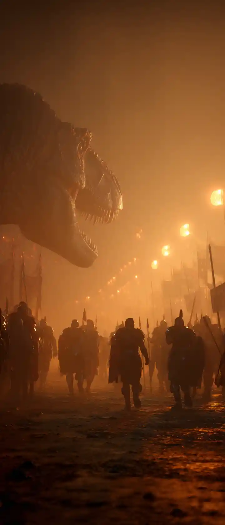 Römische Legionäre kämpfen in der Dämmerung gegen einen riesigen Dinosaurier