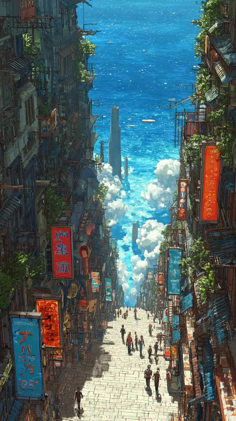 幻想的なアジア風ストリートが広がる超現実的な海空都市