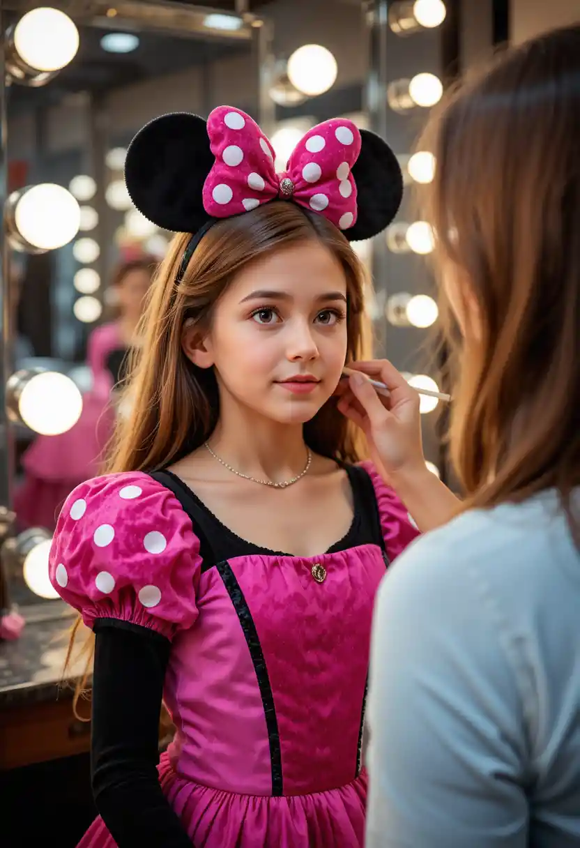 Giovane ragazzo con vestito di Minnie Mouse nel camerino di una boutique