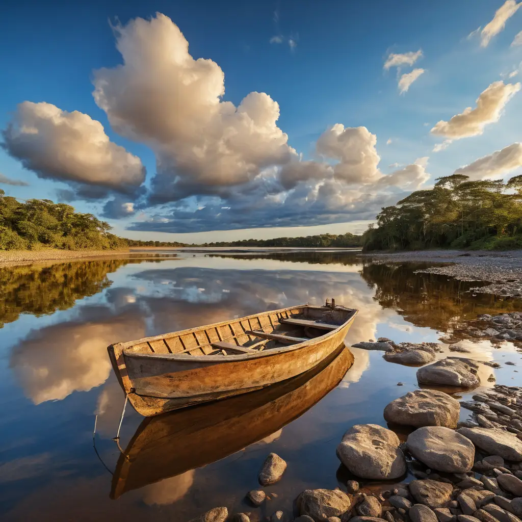Stiller Orinoco-Fluss am goldenen Abend mit Holzboot am Ufer