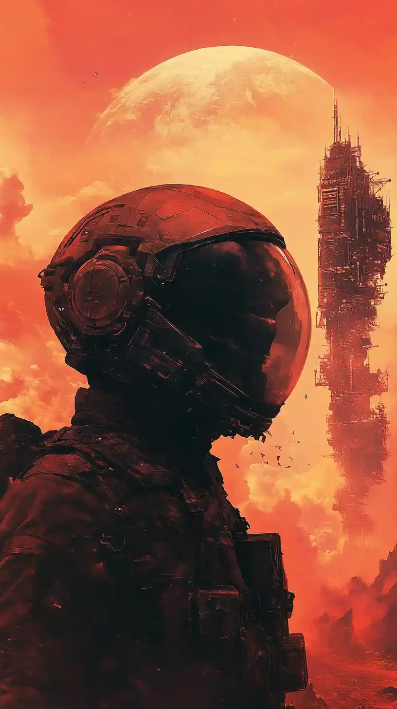 Mujer sci‑fi de cuerpo completo con casco abierto en el espacio