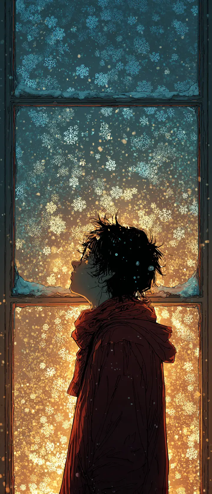 飄雪中凝視溫暖家庭窗戶的少年