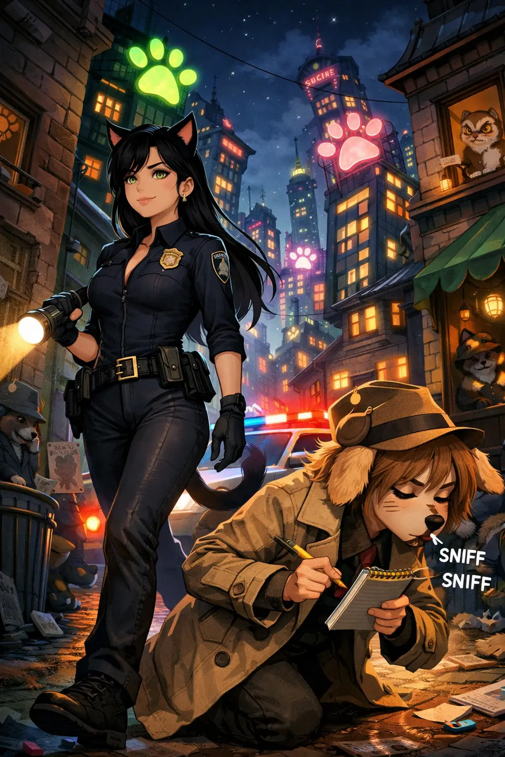 擁有動物特徵的動漫少女夜間城市巡邏