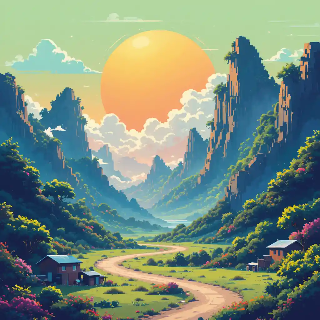 Retro futurist pixel art landscape with vibrant 8 bit colors