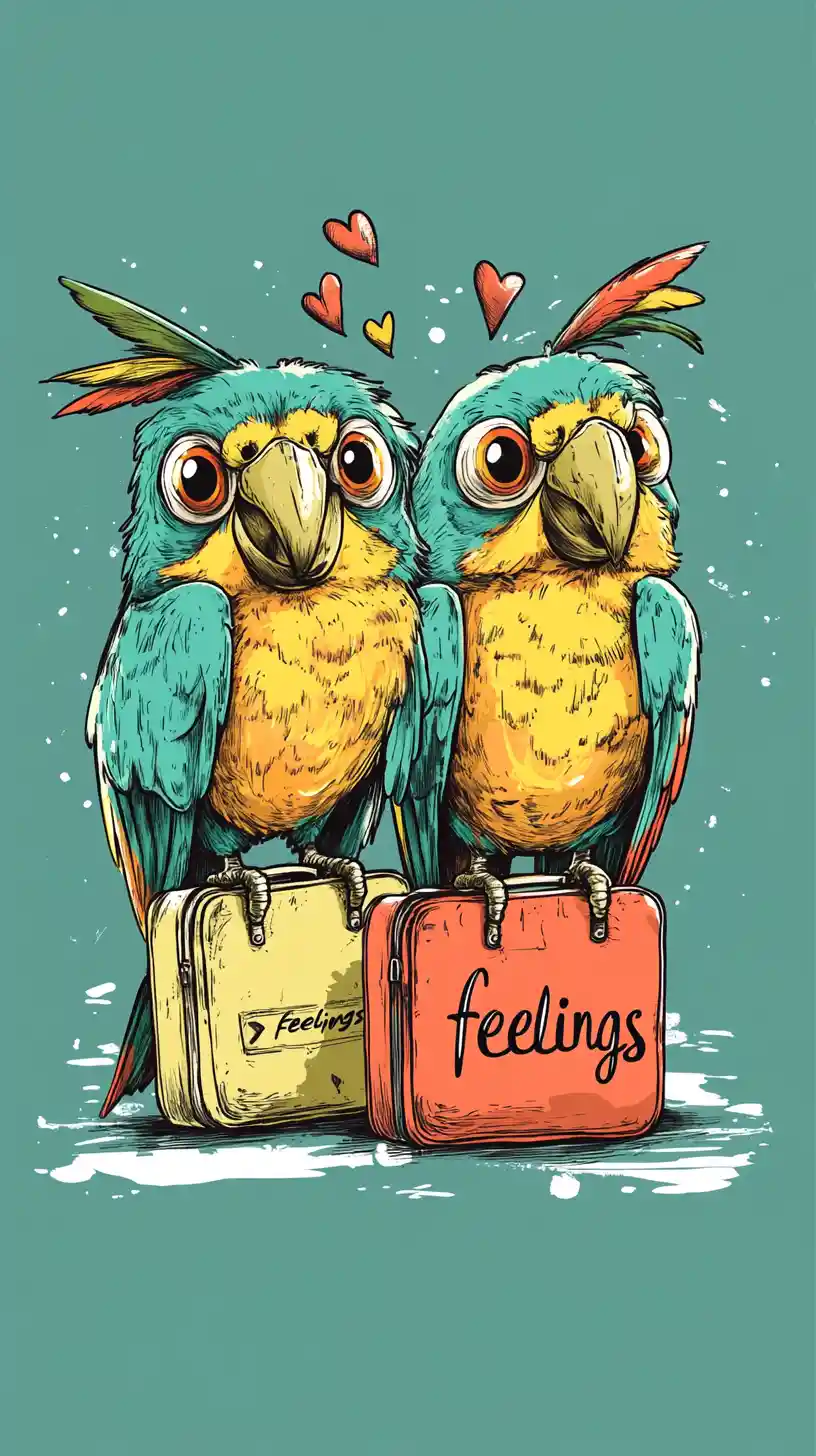 Adorables perroquets tropicaux cartoon avec un petit bagage d’émotions