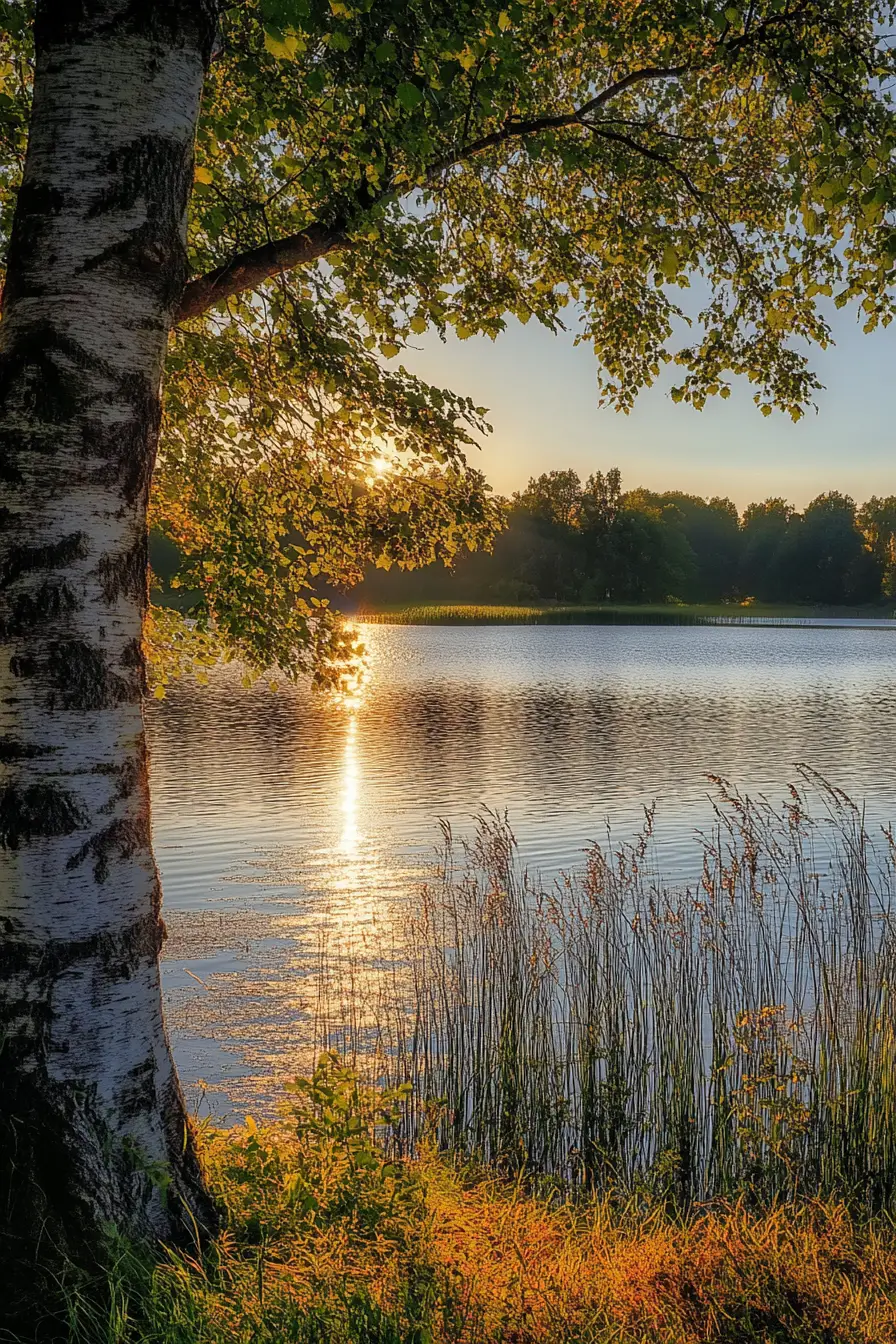 Lac argenté baigné de soleil entouré d’arbres et d’herbes qui s’éveillent
