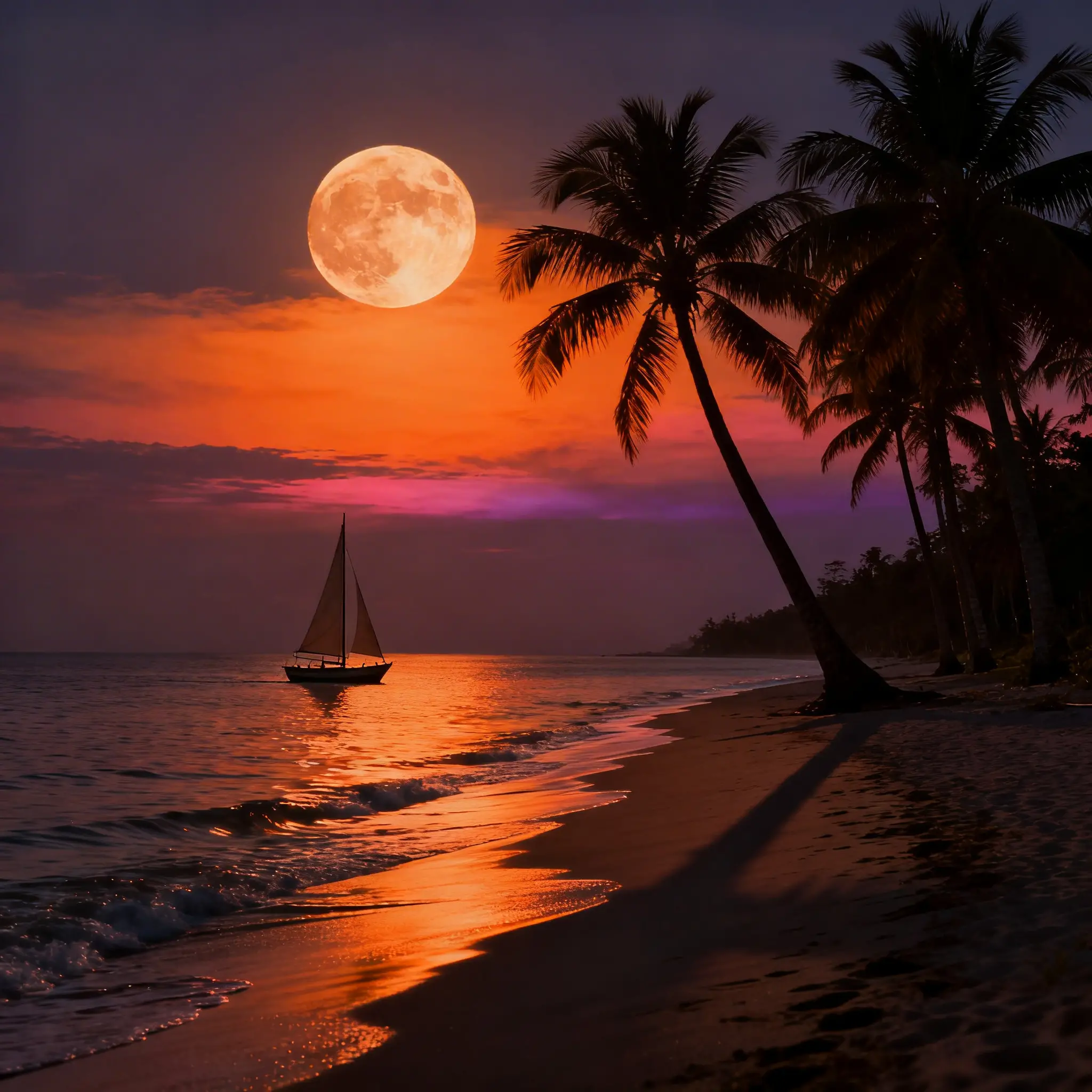 Plage sereine au crépuscule avec palmiers et voilier