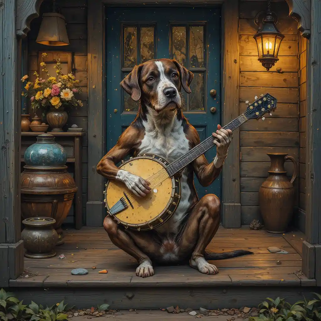 Cão vira-lata divertido tocando banjo na varanda de uma fazenda