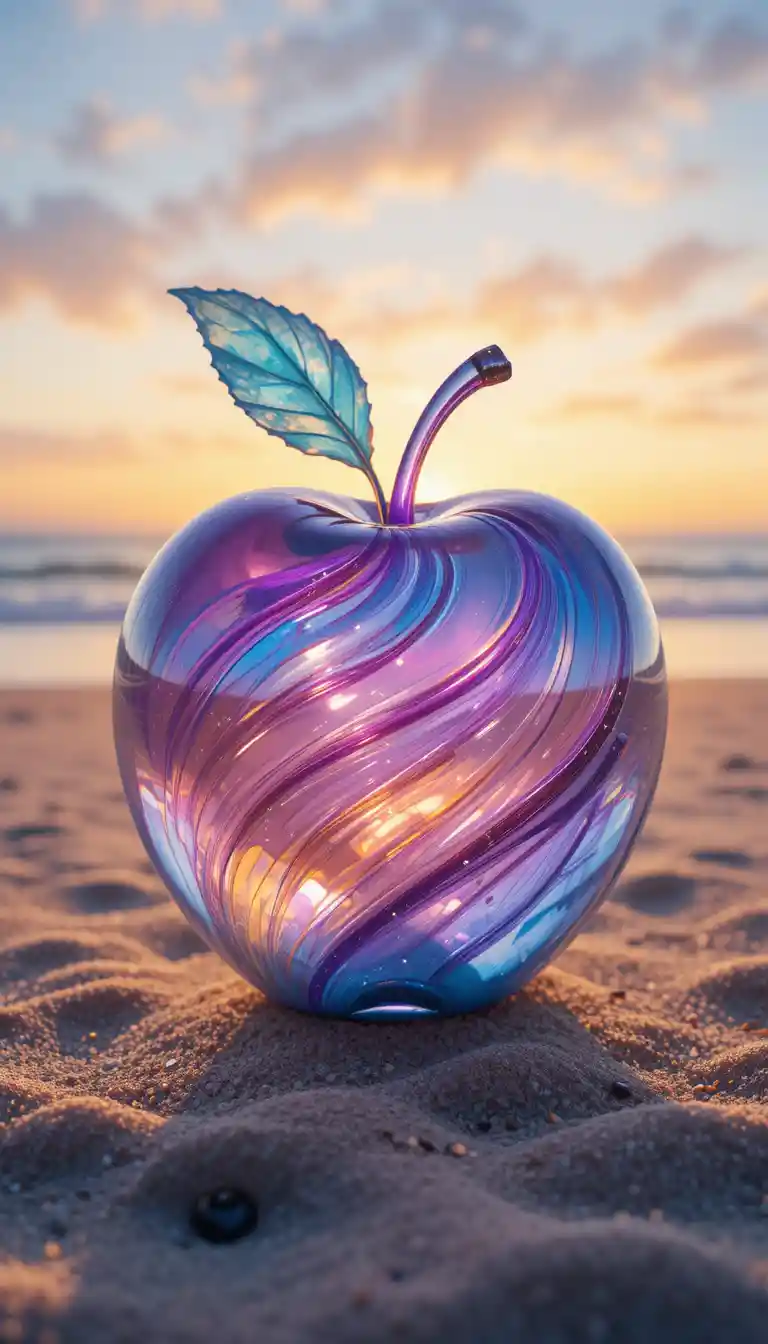 Manzana de vidrio que brilla con color en un sereno atardecer en la playa