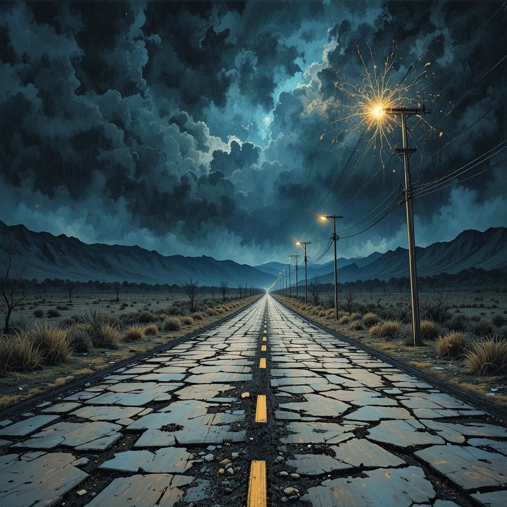 荒涼景致中街燈閃爍的詭異公路