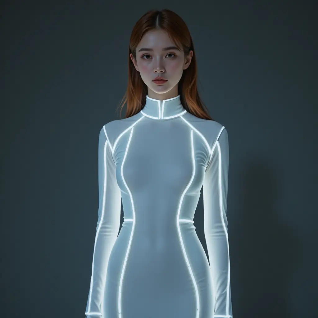 Donna coreana in abito colonna bianco perla luminoso
