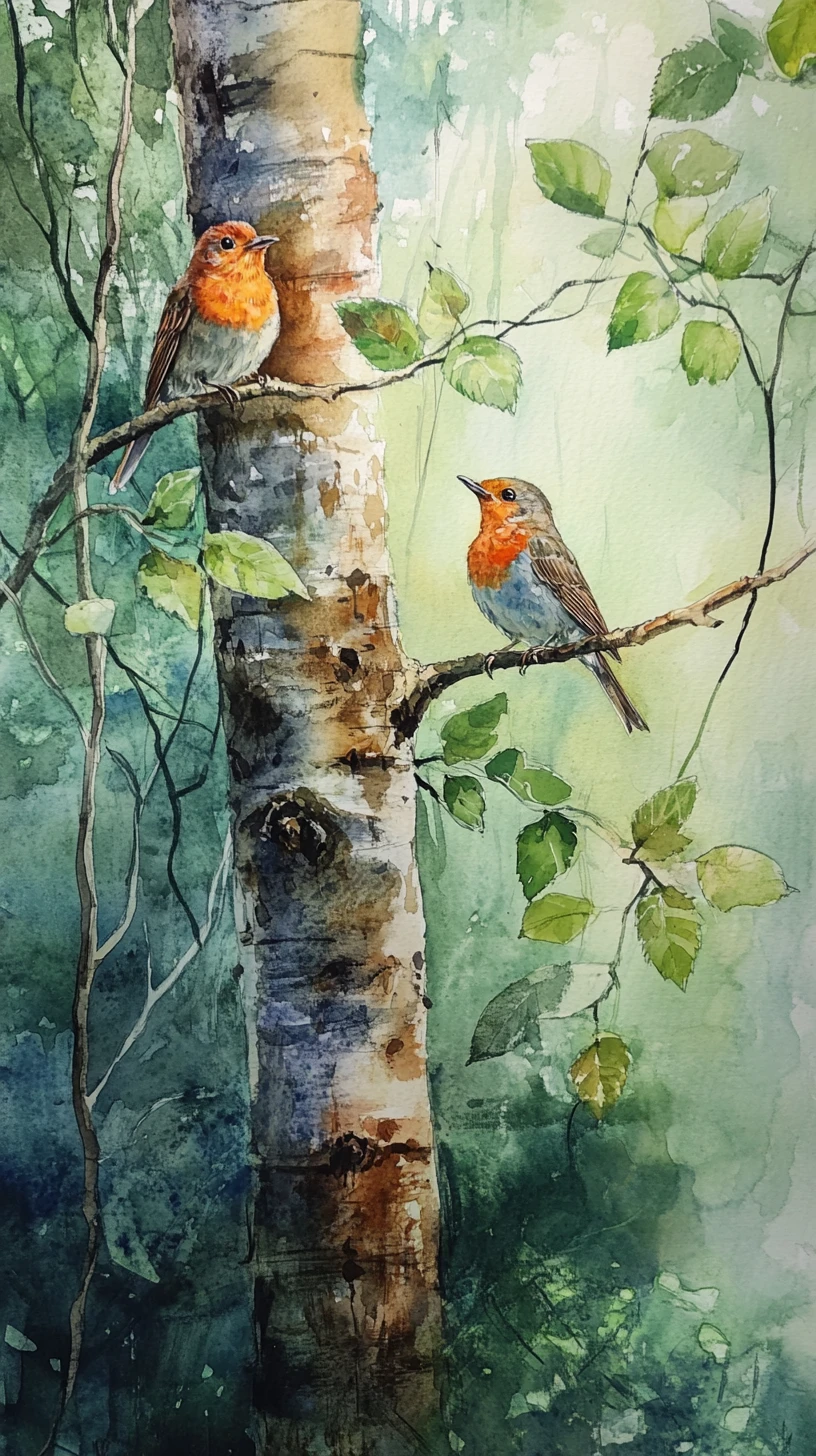 Dois pintarroxos em um galho em uma floresta aquarelada suave