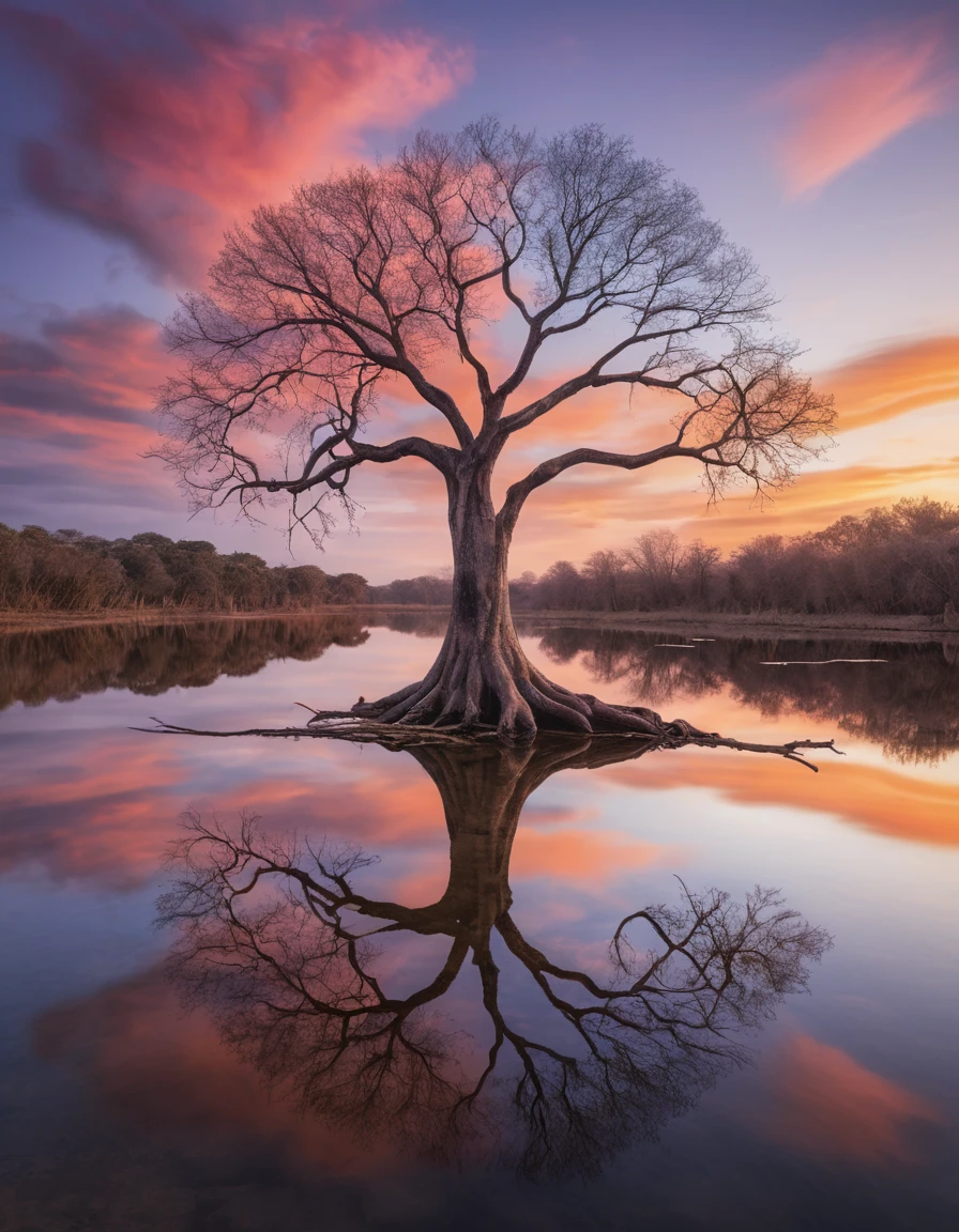 Lonely tree over still pond at sunset reflection