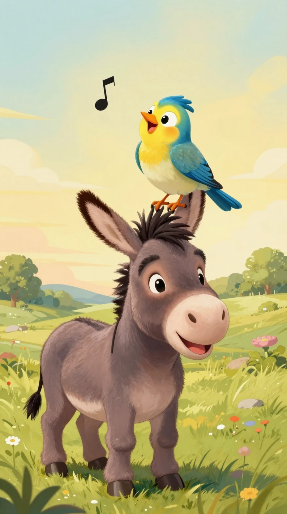 Pássaro Alegre em um Burro em um Campo Ensolarado e Aconchegante