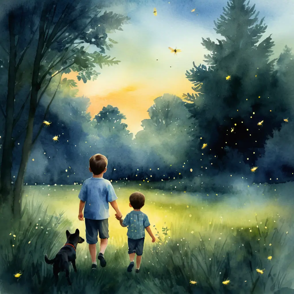 Boy And Dog Chasing Fireflies In A Dusk Field