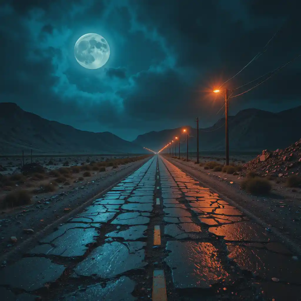 Autoroute hantée traversant un paysage nocturne solitaire et désolé