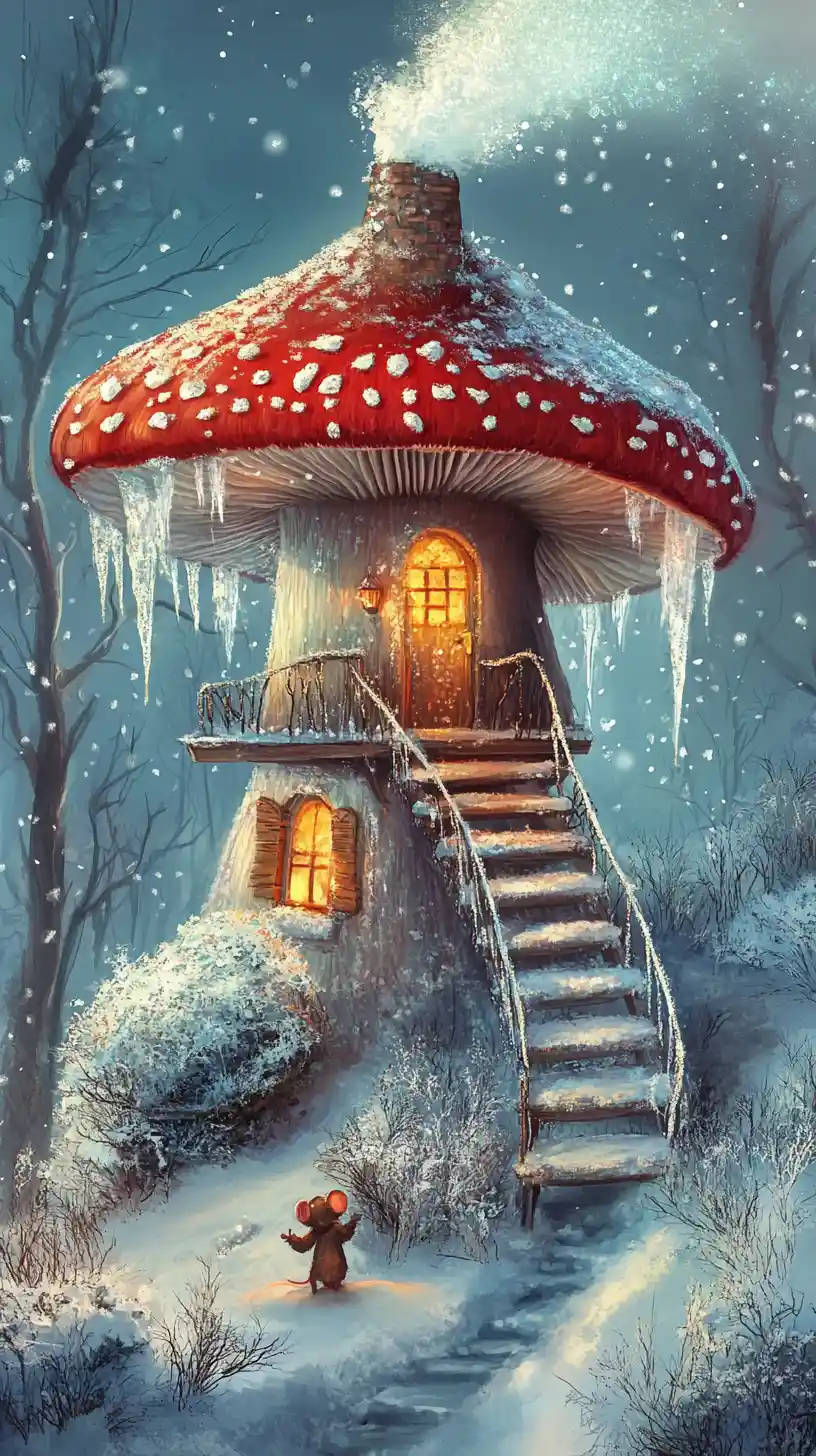 Chaleureuse maison champignon dans une forêt enneigée avec une souris