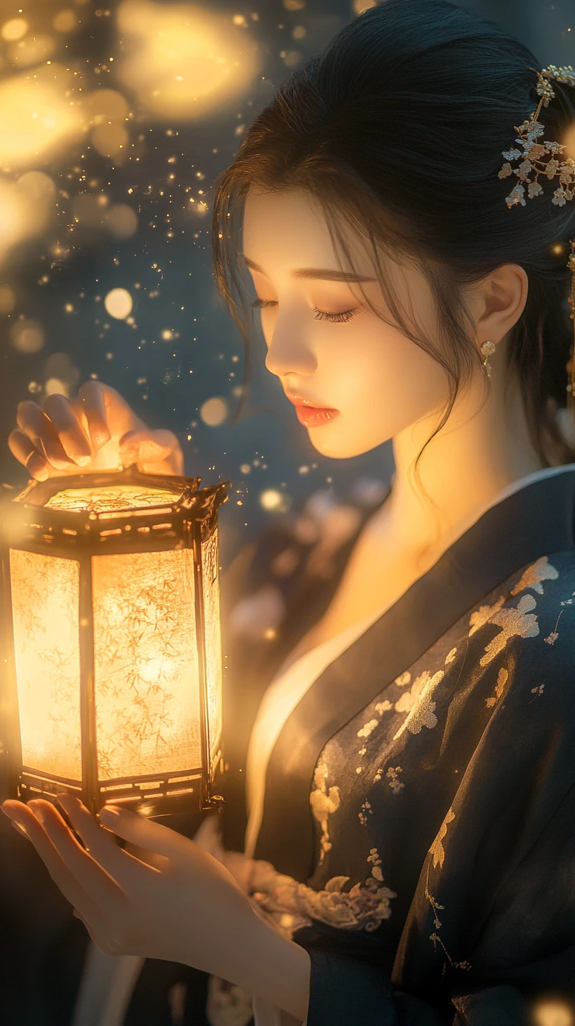Mulher de hanfu com lanterna dourada em estilo de tinta chinesa