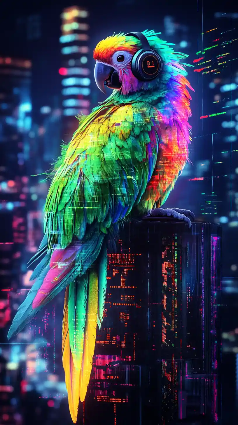 未來感霓虹鸚鵡在城市上空聆聽音樂