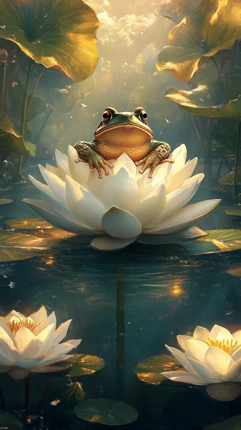 Sapo Descansando em Lírio Ancestral em Lagoa de Anime Enevoada