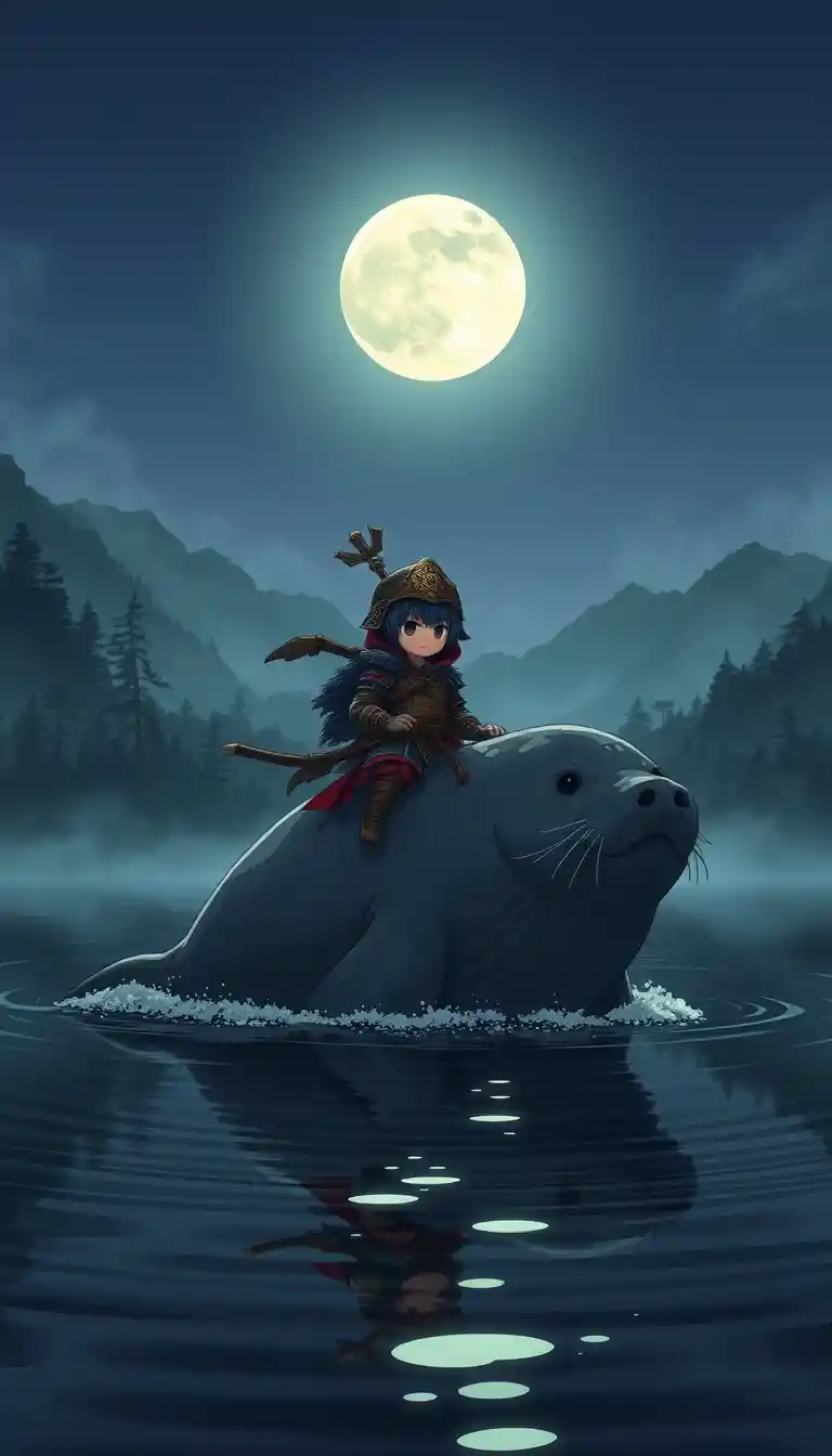 Samouraï chibi chevauchant un phoque géant sur un lac forestier au clair de lune