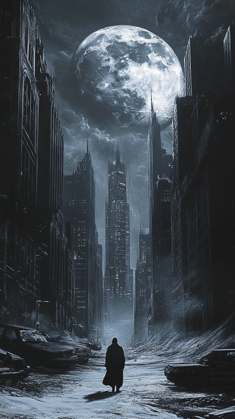 Surreal cityscape under a silver moon with lone figure
